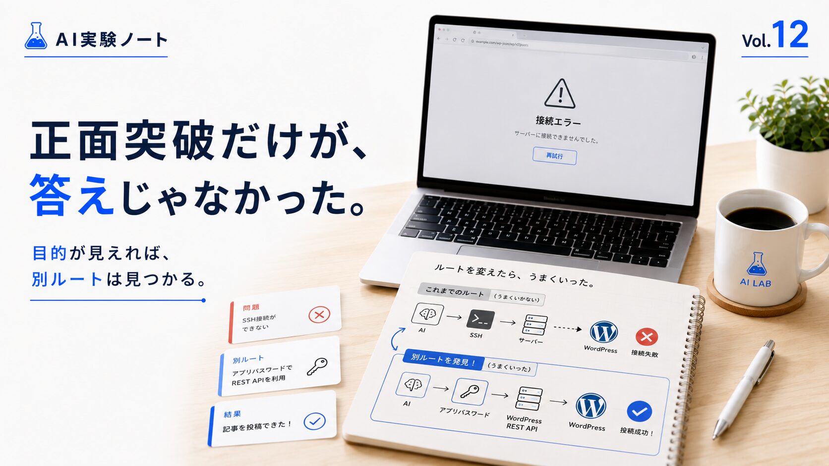 接続エラーを別ルートで乗り越え、WordPressへの自動投稿を実現した過程を表現したAI実験ノート Vol.12のアイキャッチ
