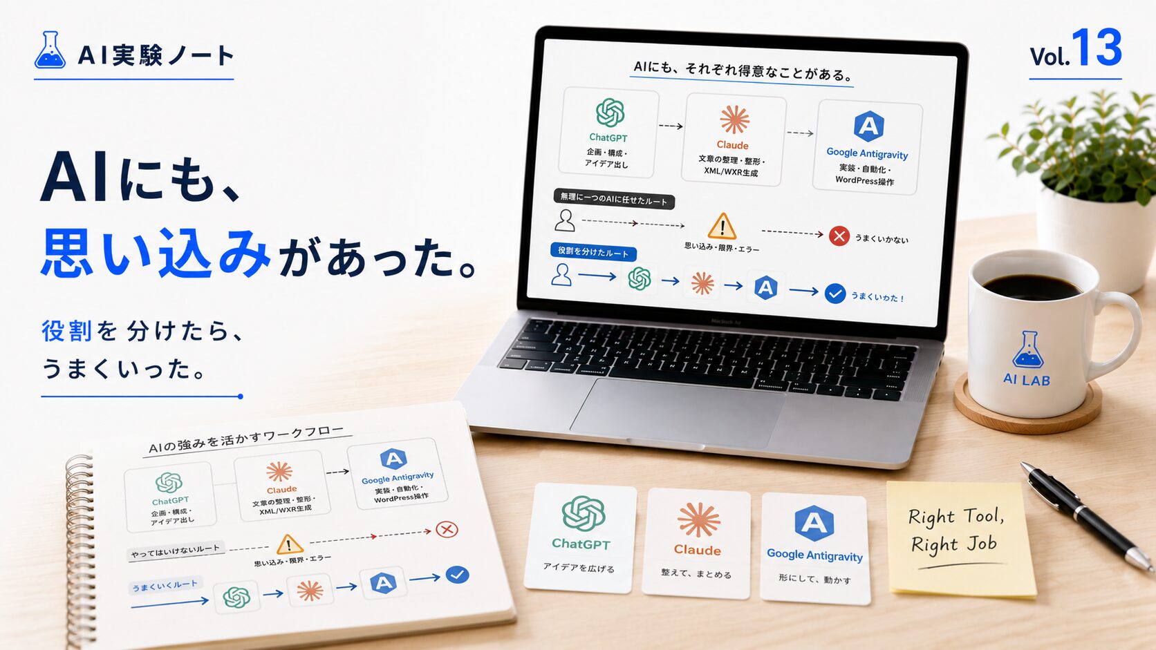 ChatGPT・Claude・Google Antigravityの役割を分けることで、AIそれぞれの得意分野を活かした制作フローを表現したAI実験ノート Vol.13のアイキャッチ