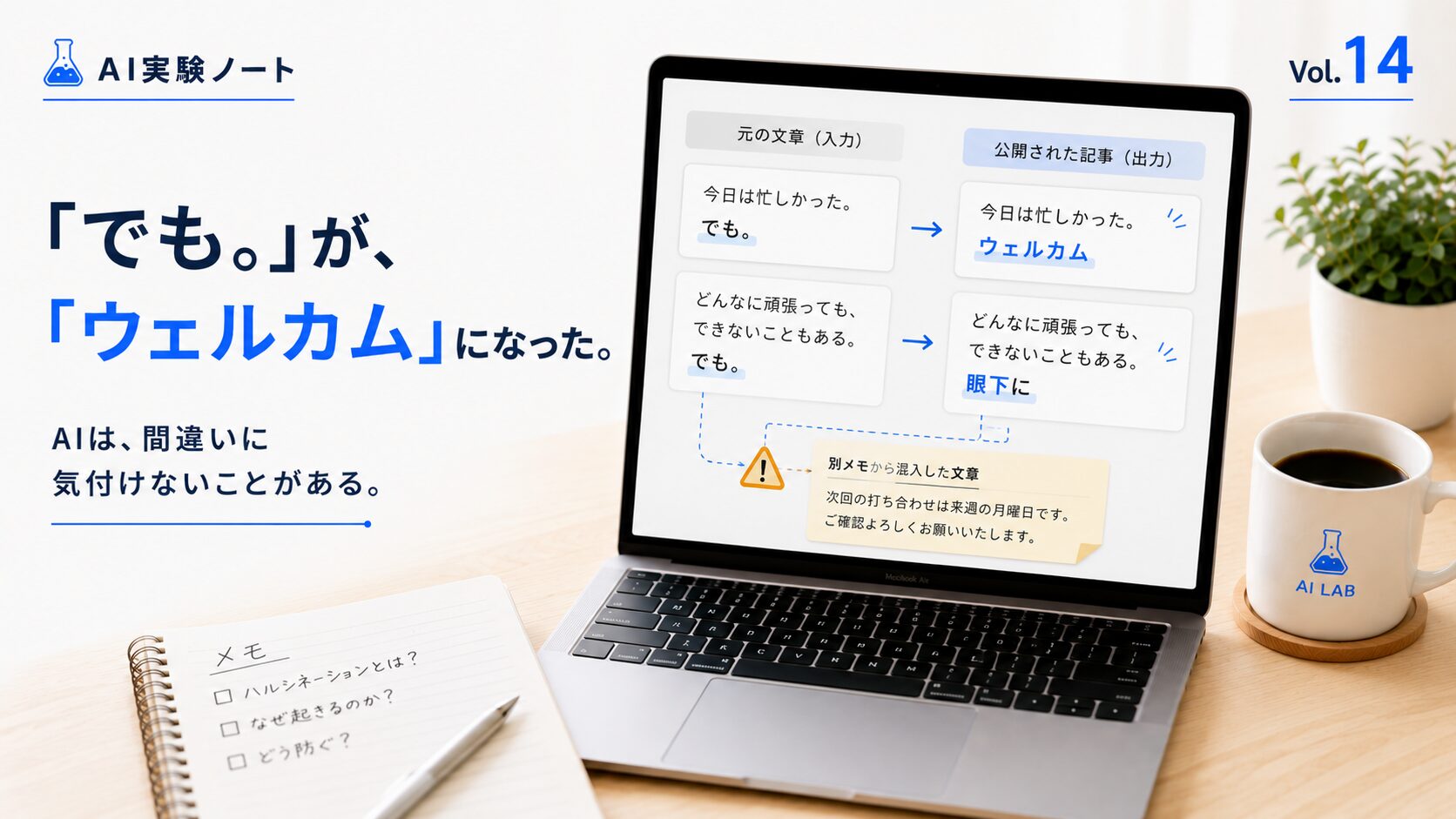 AIが文章中の「でも。」を「ウェルカム」や「眼下に」と誤って置き換え、別メモの内容まで混入した様子を表現したAI実験ノート Vol.14のアイキャッチ
