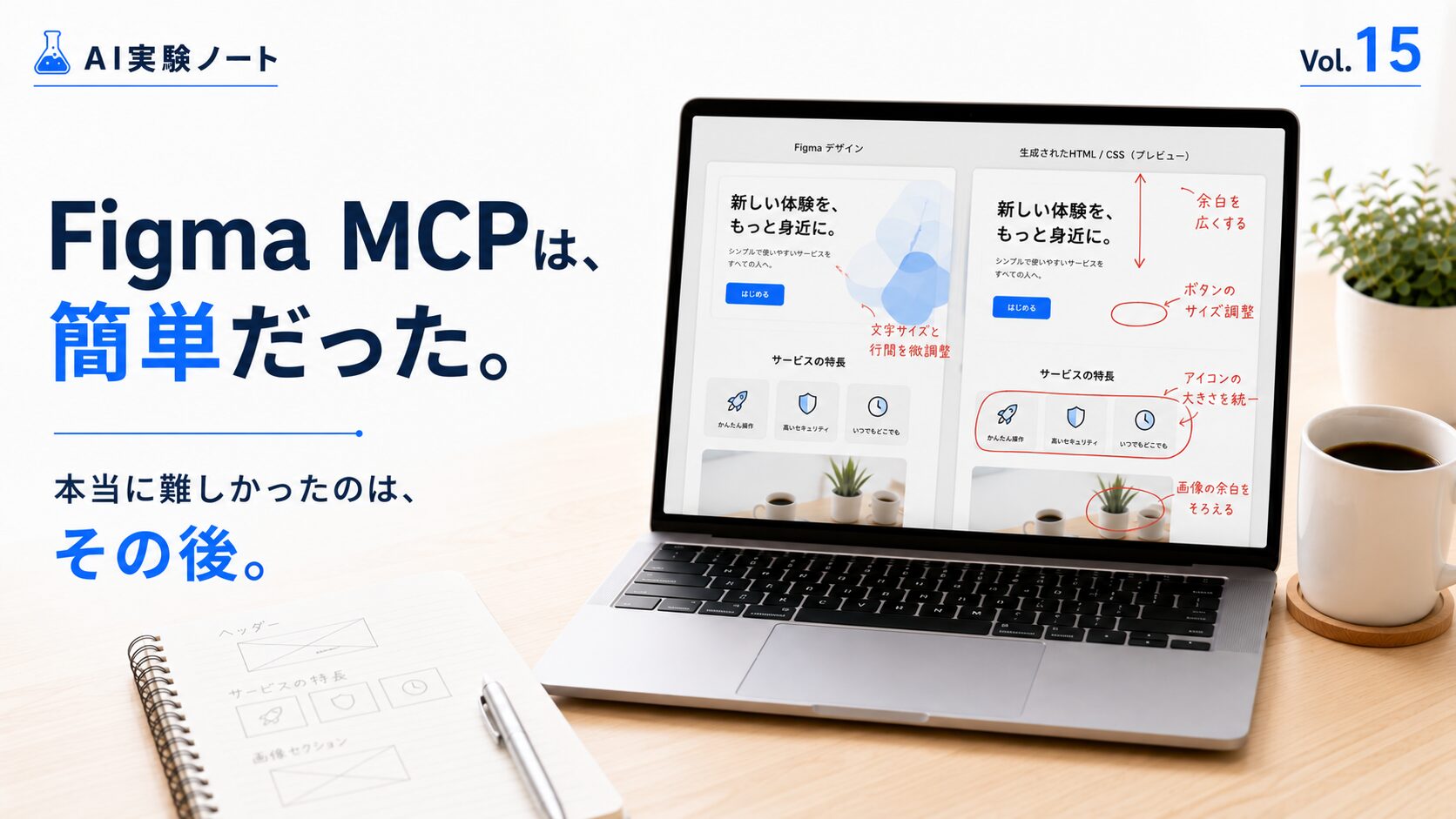 Figma MCPで生成したWeb画面を人がレビューし、赤入れをしながらデザインとの差分を確認している様子を表現したAI実験ノート Vol.15のアイキャッチ