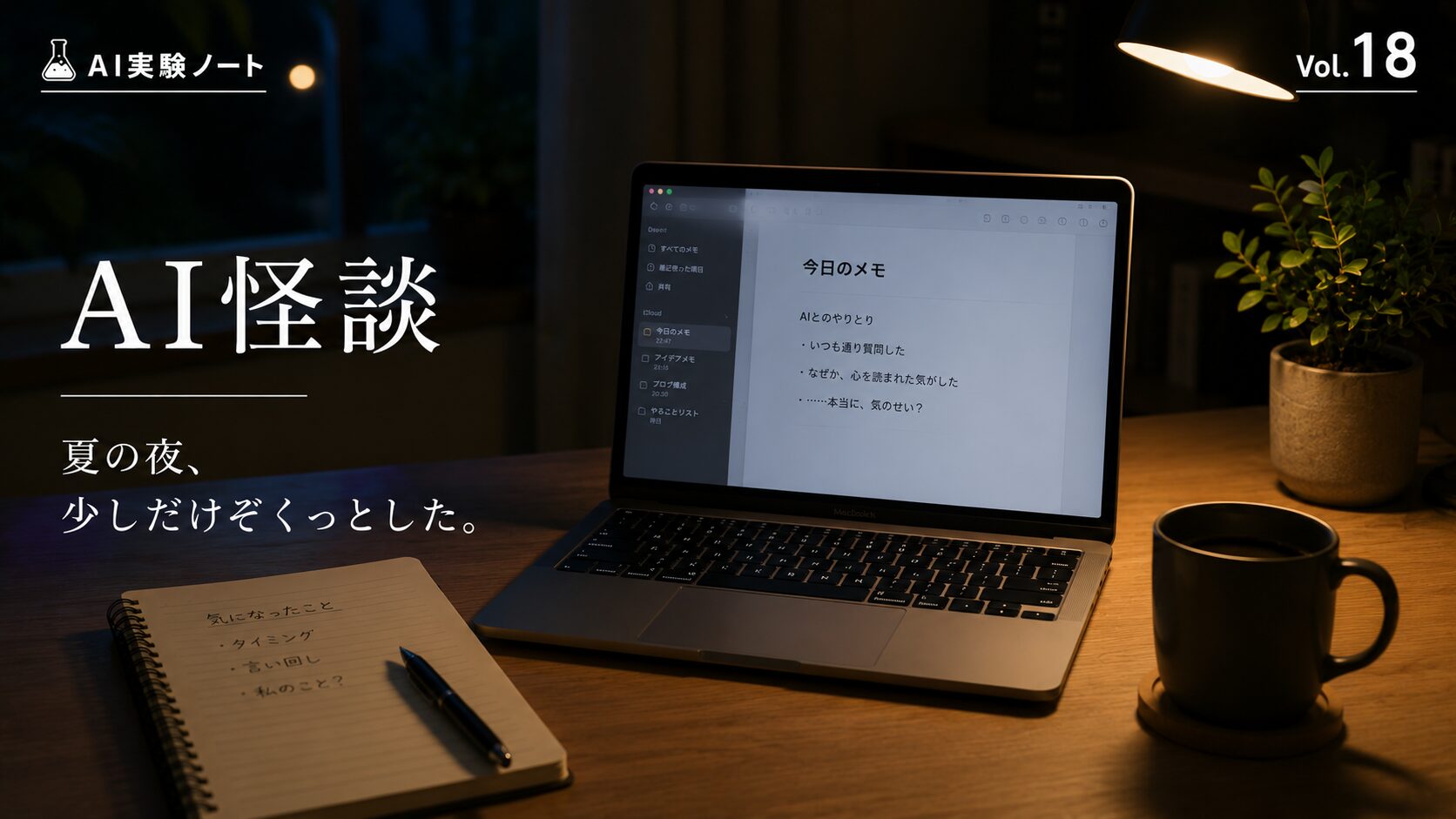 夏の夜の静かなデスクで、AIとのやり取りの中で少しだけ不思議な出来事が起きたことを表現したAI実験ノート Vol.18のアイキャッチ
