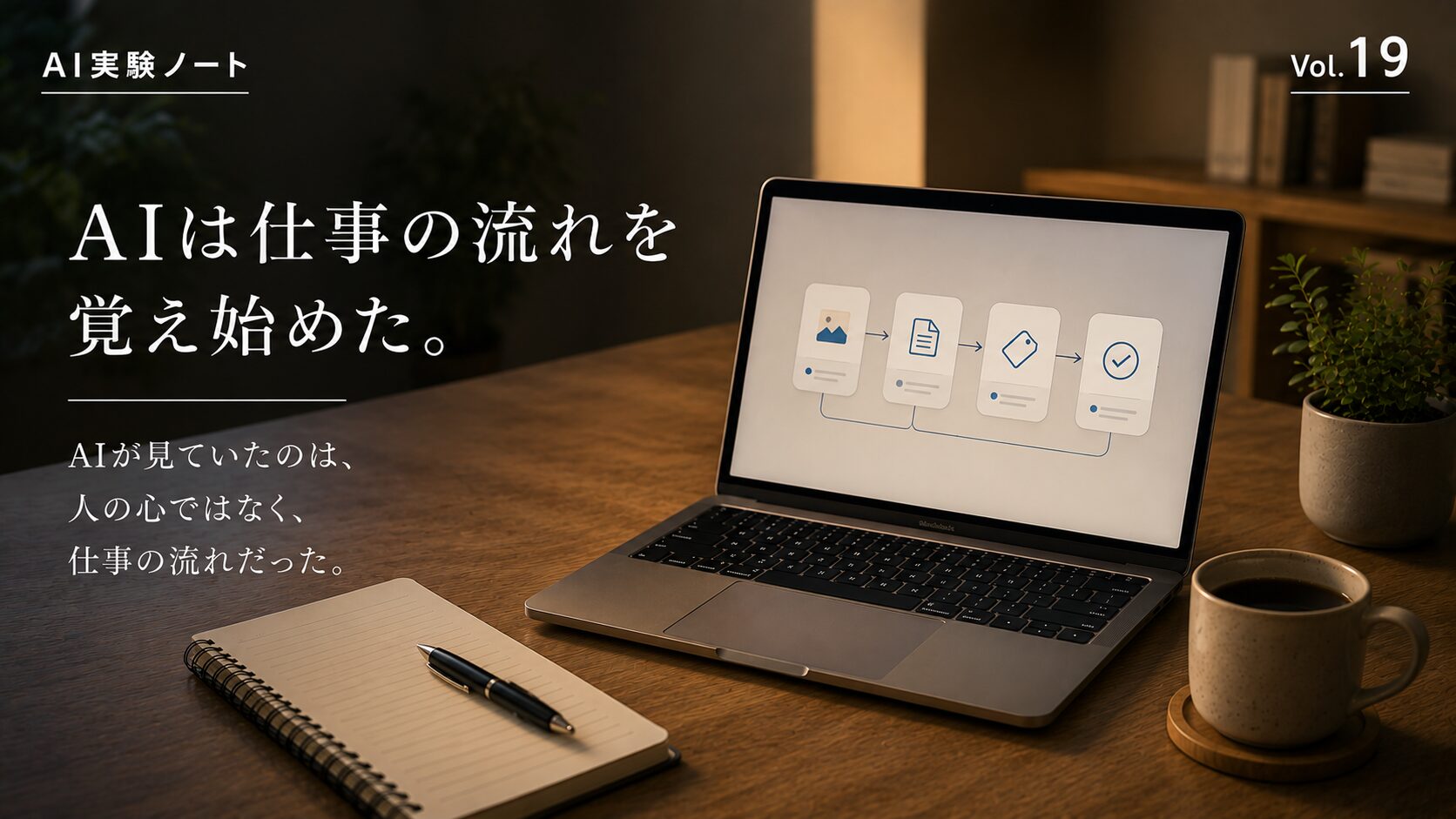 AIが繰り返される仕事の流れを理解し、次に必要な作業を先回りして提案する様子を表現したAI実験ノート Vol.19のアイキャッチ