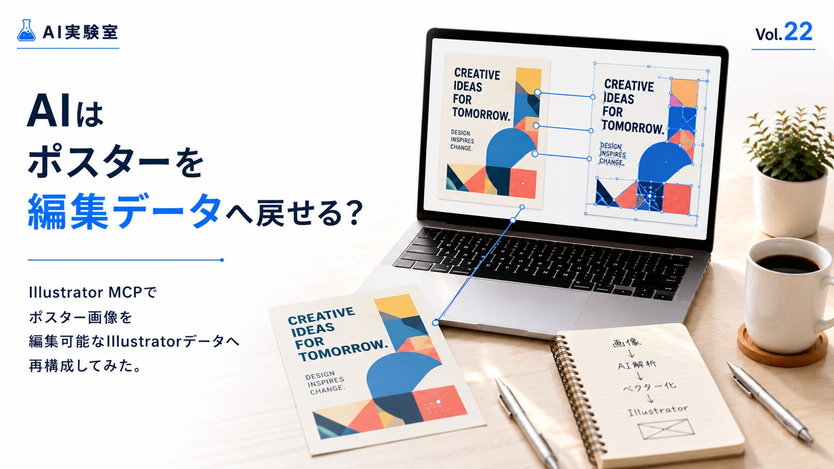 ポスター画像をAIが解析し、編集可能なIllustratorデータへ再構成する流れを、印刷物と編集画面の比較で表現したAI実験ノート Vol.22のアイキャッチ