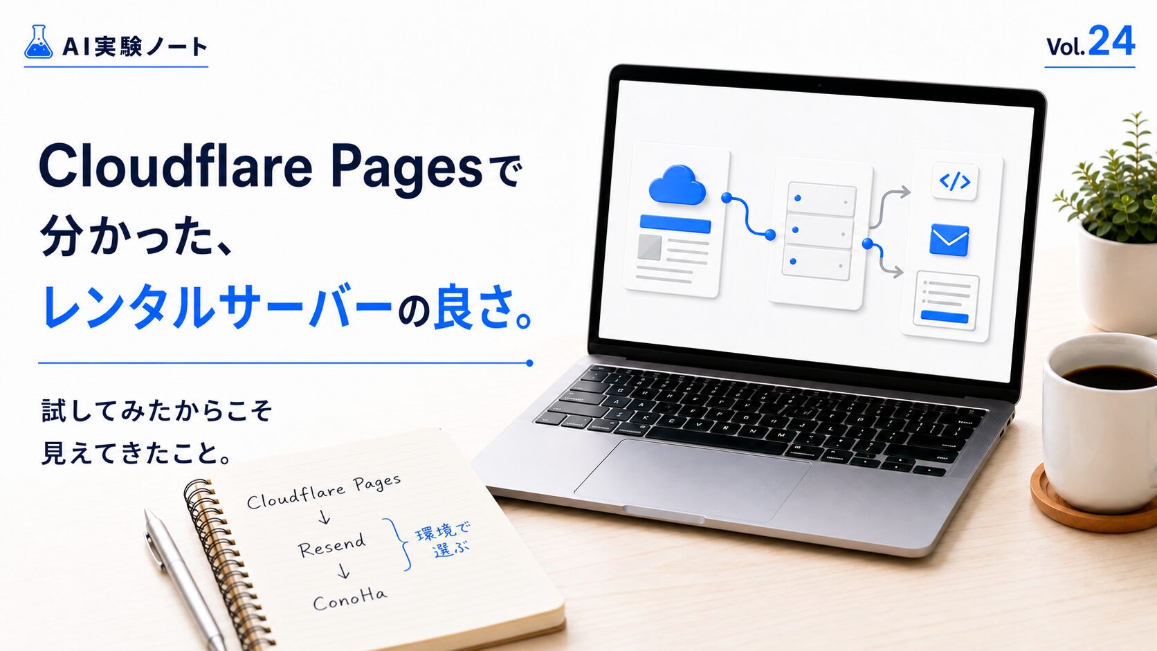 AIとともにCloudflare Pagesとレンタルサーバーを行き来し、遠回りから学びを得る様子を表現したアイキャッチ
