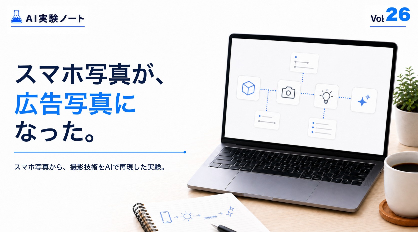 スマホで撮影した商品写真をもとに、AIが撮影スタイルを分析する過程を表したAI実験ノート #26のアイキャッチ
