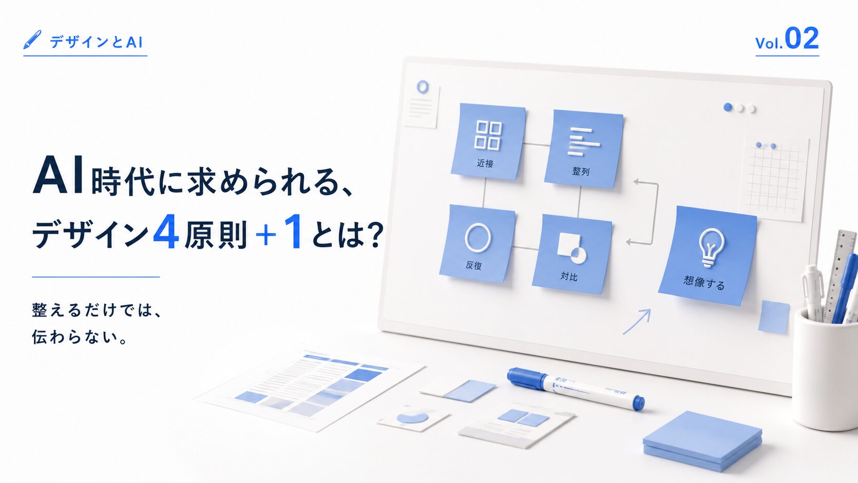 デザイン4原則と、その先にある「想像する」をホワイトボードと付箋で表現した「デザインとAI」Vol.02のアイキャッチ