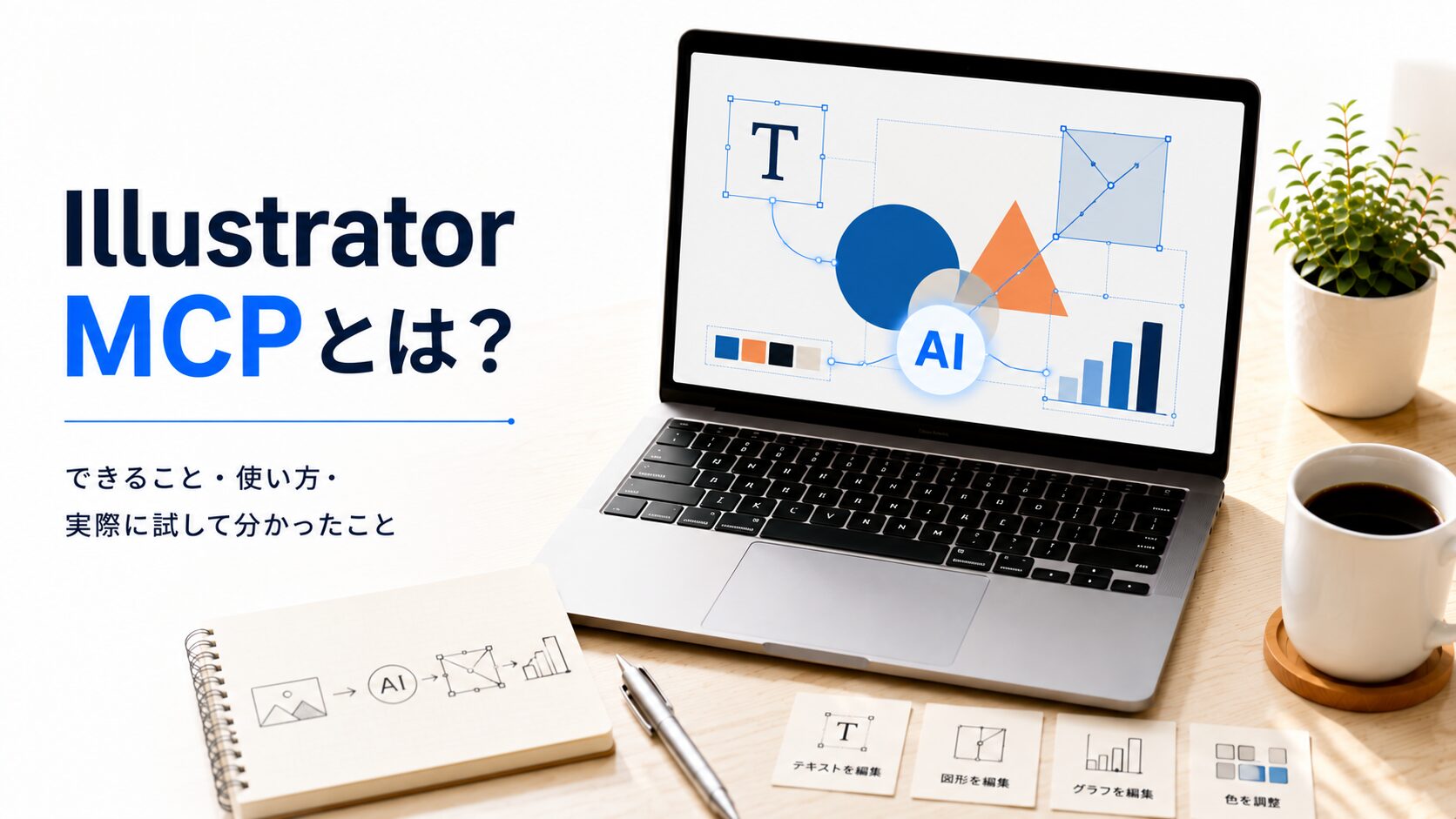Illustrator MCPで画像を編集可能なベクターデータへ変換する仕組みを、シンプルなデザインワークスペースで表現したSEO記事のアイキャッチ